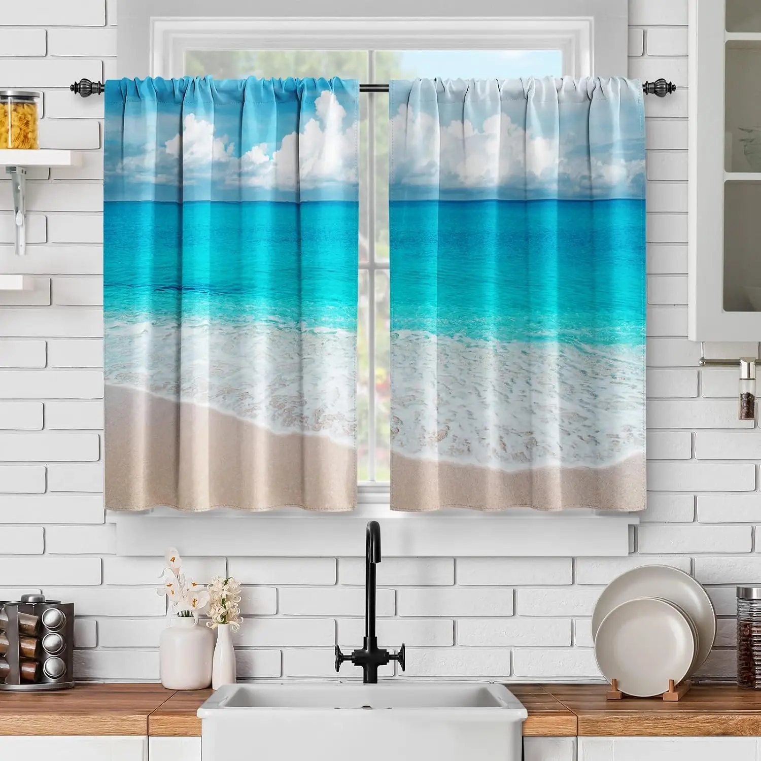 Luxury Tropical Beach Ocean Curtains Polyester Window Drapes Seascape Blue Water Day Decor Living Room Home Shade Treatment
