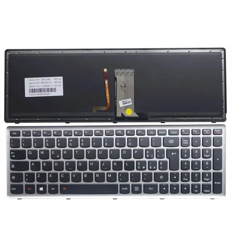 US/RU/UK/IT/BE/SL/BG/NW/EF/SA/ Klawiatura do laptopa Lenovo Ideapad Z710 U510 srebrna ramka z podświetlanym podświetleniem
