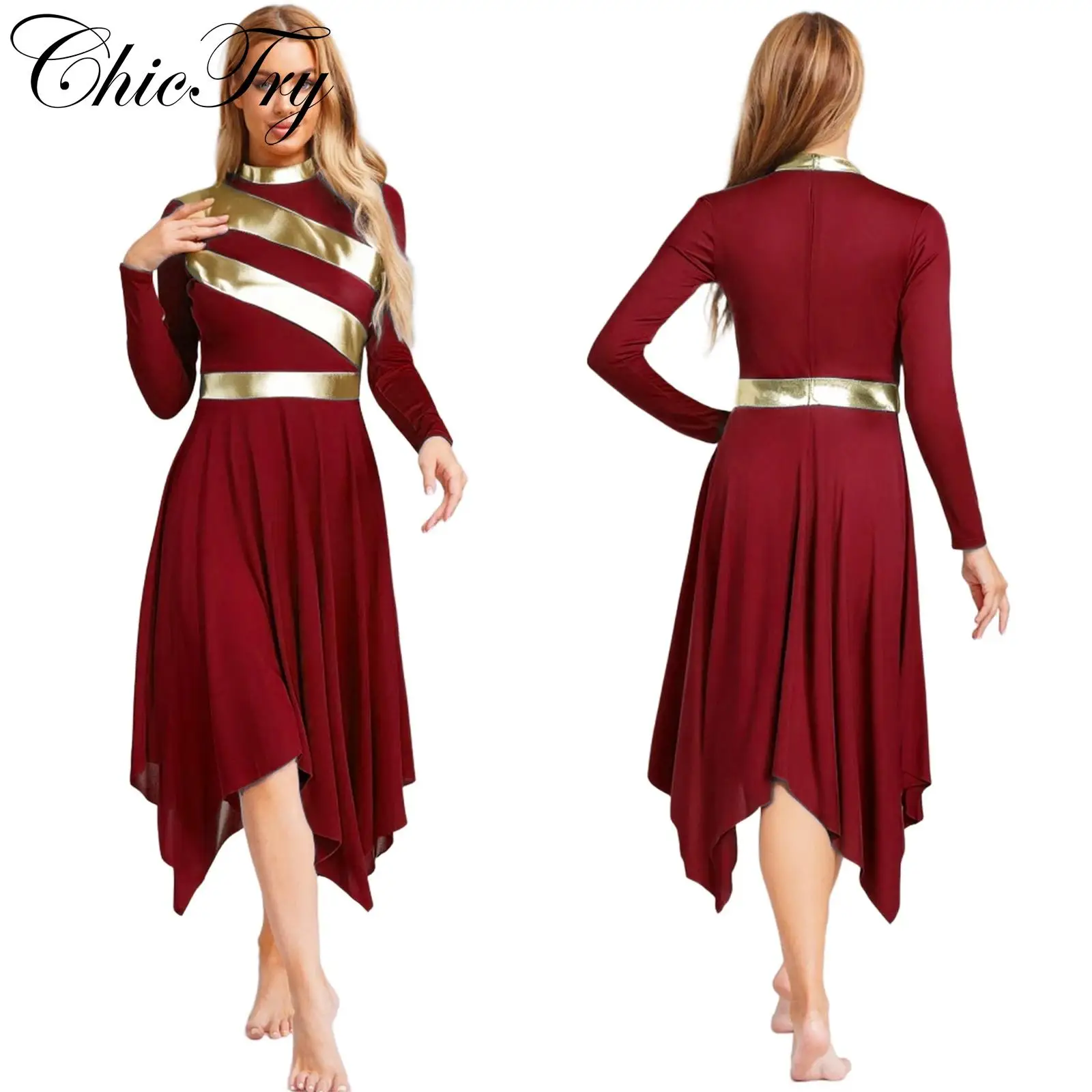 

Womens Praise Dance Dress Metallic Liturgical Worship Dancewear Long Sleeve Irregular Hem Tunic Lyrical Dance Stage Costumes