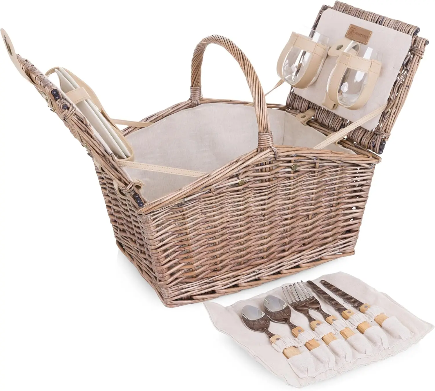 Cesta de Picnic Vintage de Madera para Dos Personas, Completamente Forrada con Diseño de Doble Tapa y Acabado de Lona Natural