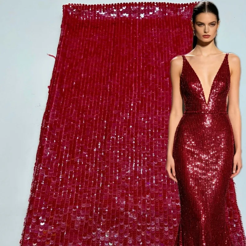 Stretch Mesh High Density Sequins Embroidery Fabric Vertical Striped  Heavy Cloth for Women Dress Evening Gown Bags Hats Fashion