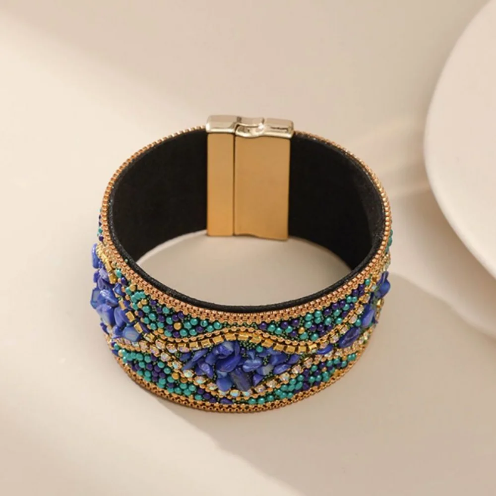 Ethnic Style Magnetic Clasp Bracelet Retro Bohemian Rhinestone Women's Bracelet Magnetic Closure Stone Beads