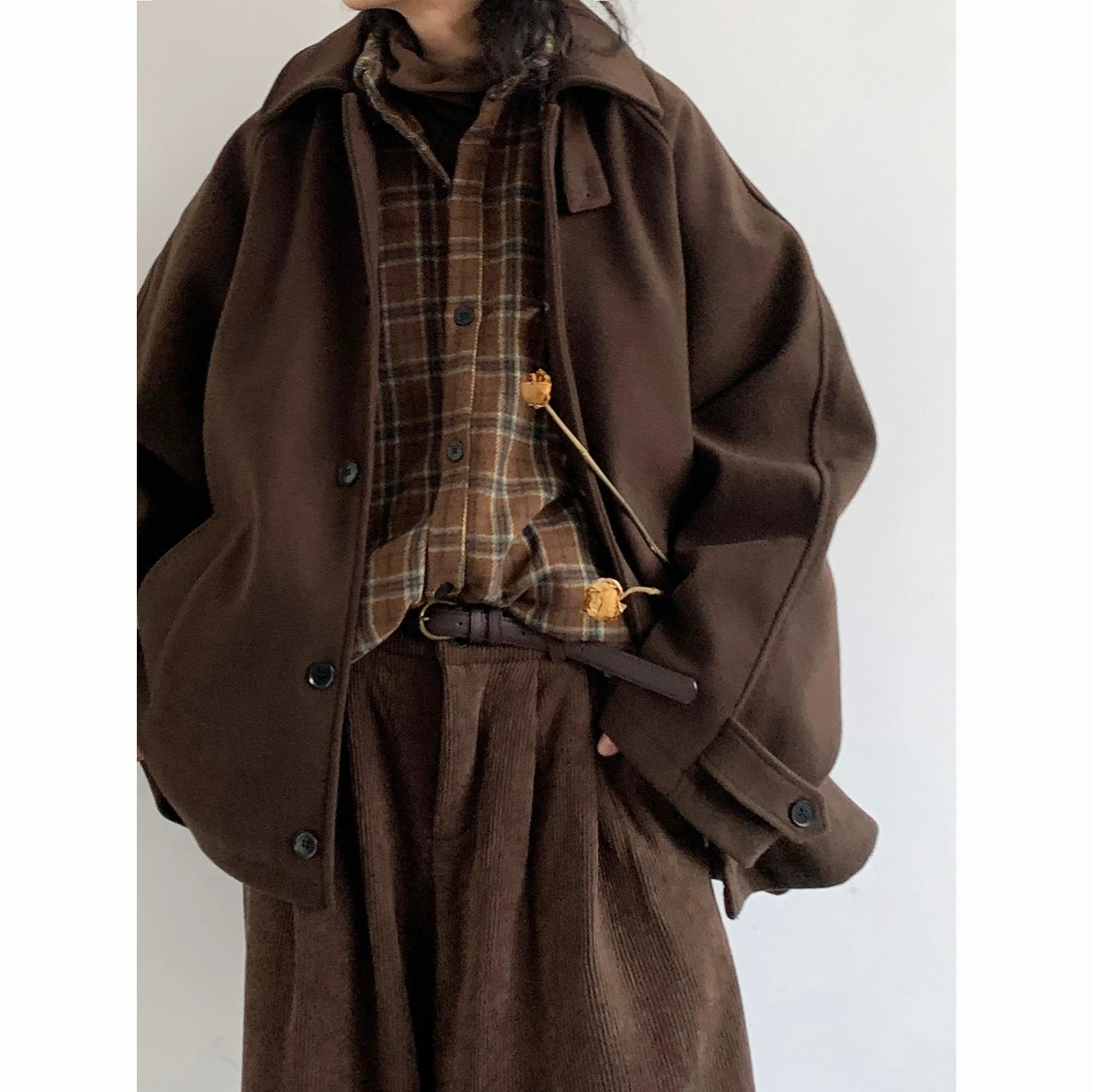 Unisex Vintage Woolen Coat Lapel Collar Single Breasted Loose Drop Shoulder Casual Outerwear Jacket For Spring Autumn
