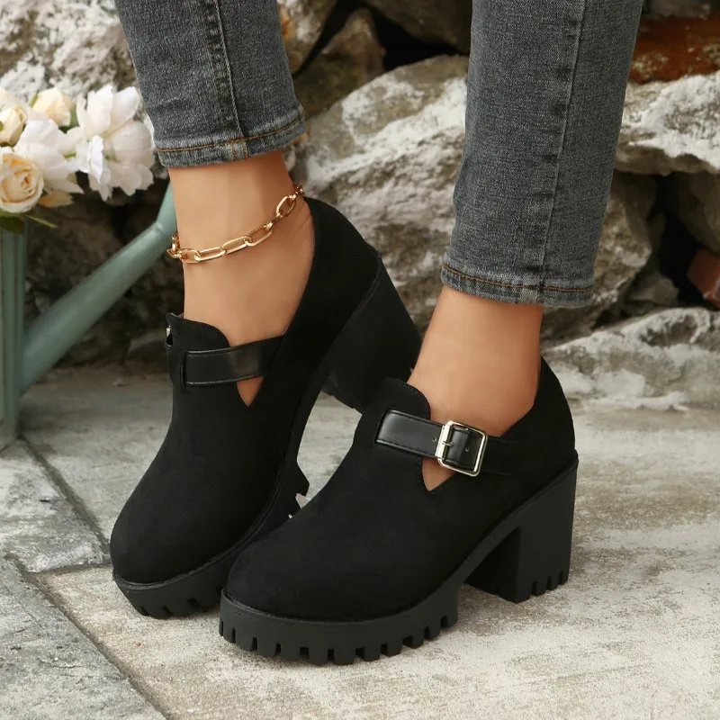 

Plus-size High-heeled Single Shoes 2026 Spring/Autumn New Style Thick-soled Suede Round Toe Buckle Single Shoes for Women，36-42