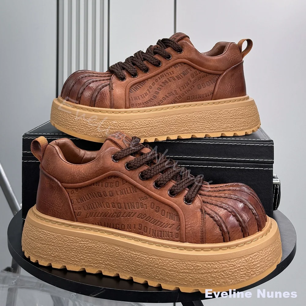 Retro Brown Platform Sneakers Men 2026 Super-Popular Height-Increasing Shell-Toe Sneakers New Cross Tied Commuter Work Boots