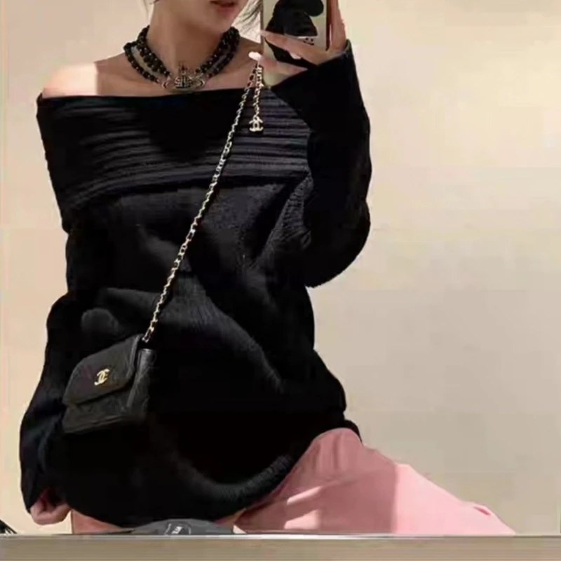 Pullovers Women Slash Neck Soft Long Sleeve Chic Sweet Spicy Girls Off-shoulder All-match Korean Fashion Knitwear Casual Autumn