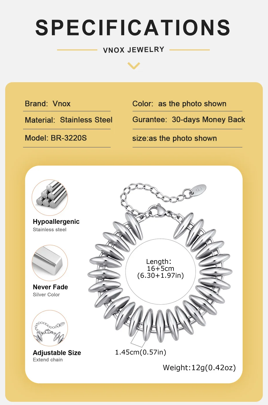 Vnox Vergoldetes, klobiges Marquise-Gliederarmband für Damen, minimalistisches, dickes Armband aus Edelstahl mit Perlen, Schmuckstück. – Detail 5
