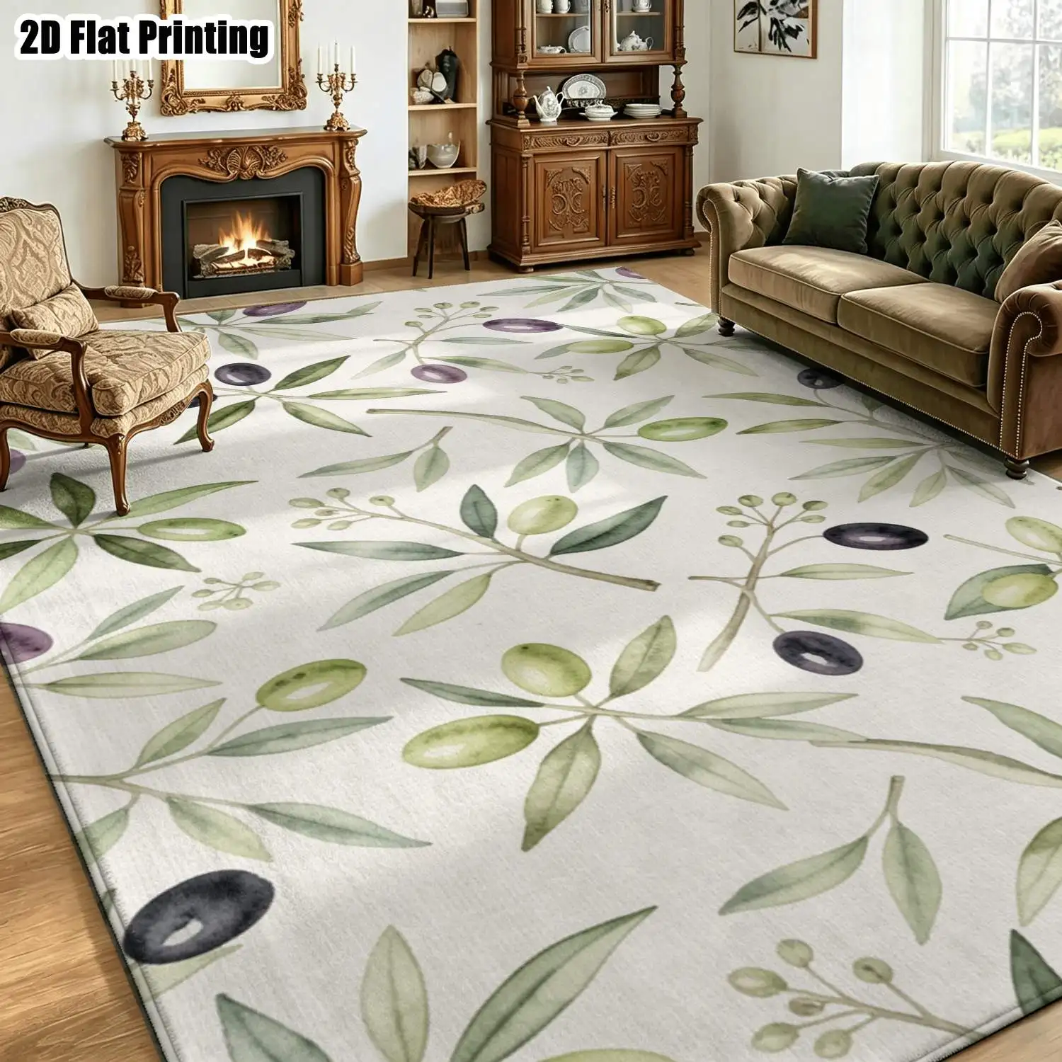 1Pc 2D Printed Nordic Minimalist Carpet, Green Blue Olive Branch Pattern, Machine Washable, Multi-Size, Home Decor Floor Mat for Entrance, Dining, Bedroom, Living Room, Study