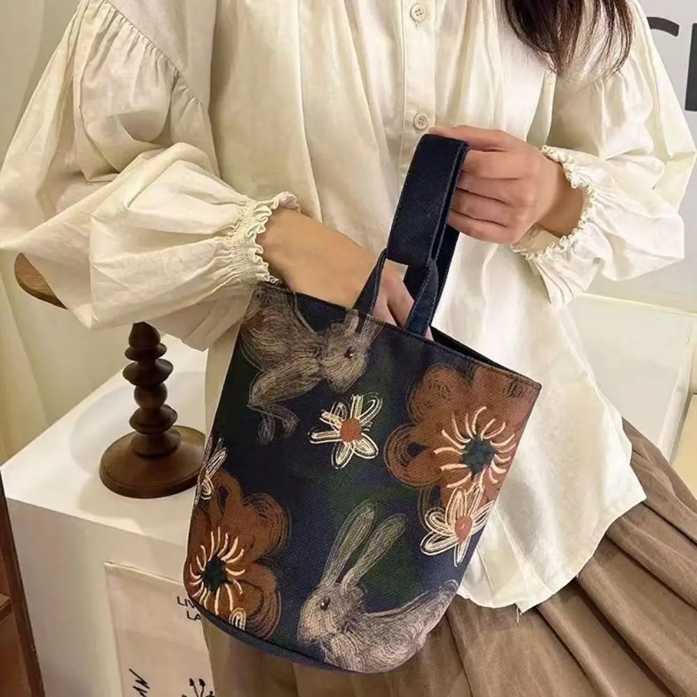 

Animal Rabbit Canvas Bucket Bag Shoulder Bag Large Capacity Flower Print Handbag Shopping Bag Lunch Bag Ins Cartoon Tote Bag