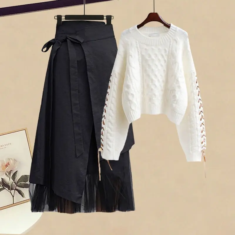 

Women's Autumn Winter New Fashion Knitted Sweater+Black Midi Skirt Two-piece Suit Korean Elegant Pullover Dress Matching Set