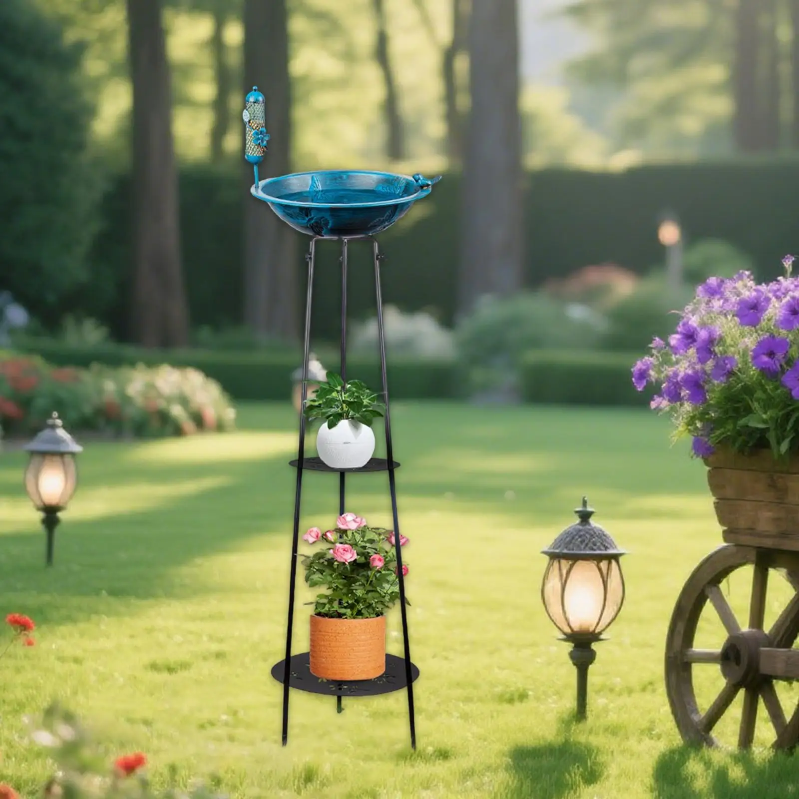 Garden Plant Stand with Bird Bath Feeder , Blue Sturdy Trellis 33x105cm