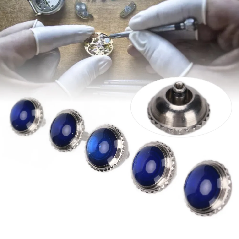 5 قطعة أجزاء تاج الساعة الزرقاء الصلب أحجام مختلفة بالون أنبوب قصير ساعة أزرار التاج ساعة بالون إصلاح ساعة التاج