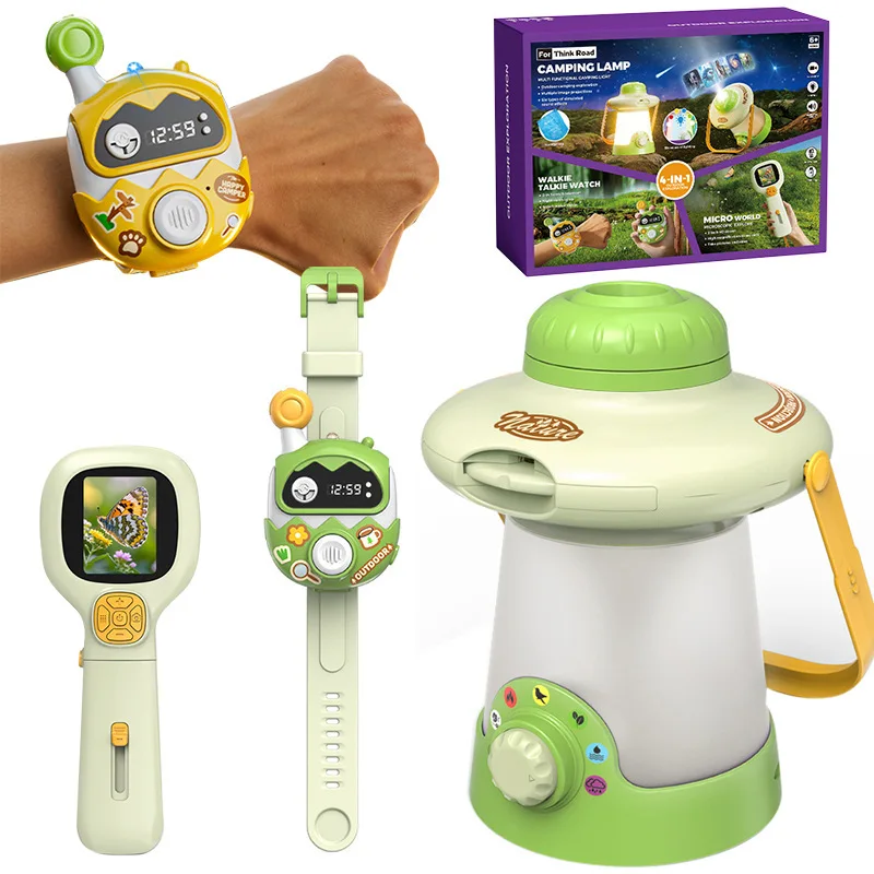 4 in 1 Children Wilderness Exploration Kit Toys Multi Functional Camping Light+ A Pair Walkie-talkie+ 1000X Magnifying Glass Toy