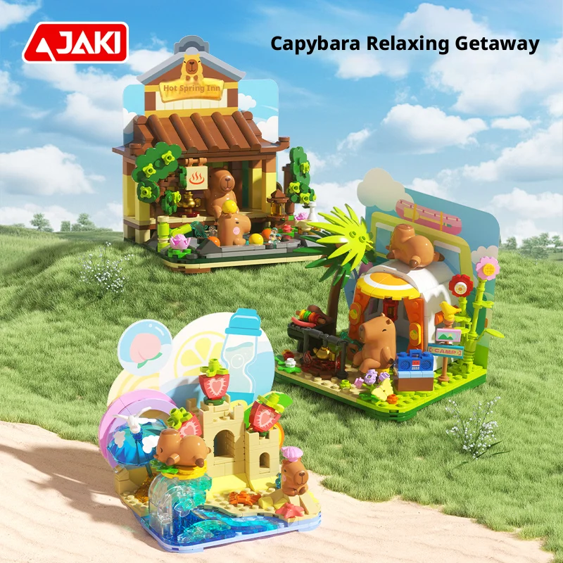 JAKI Capybara Building Blocks Toy Cute Animal Camping Scene Brick Mini Figure Landscape Desktop Decoration Girl Birthday Gift