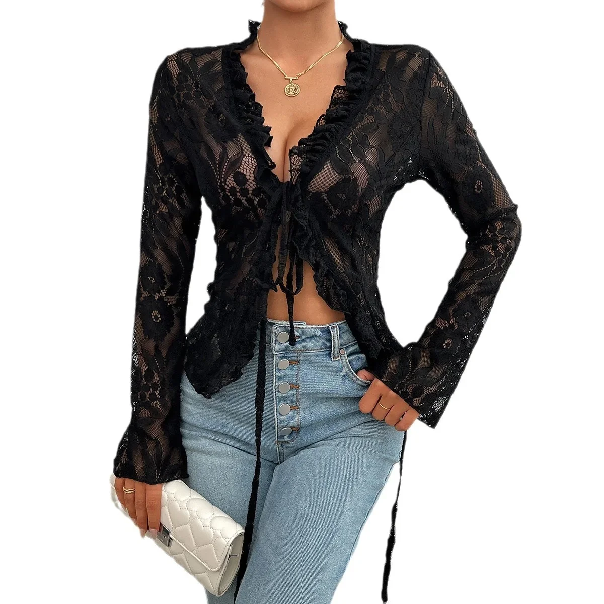 Women\'s Top Summer Sexy Slim Long Sleeve Lace Top See Trough Transperant Mesh Blouse Top Solid Color