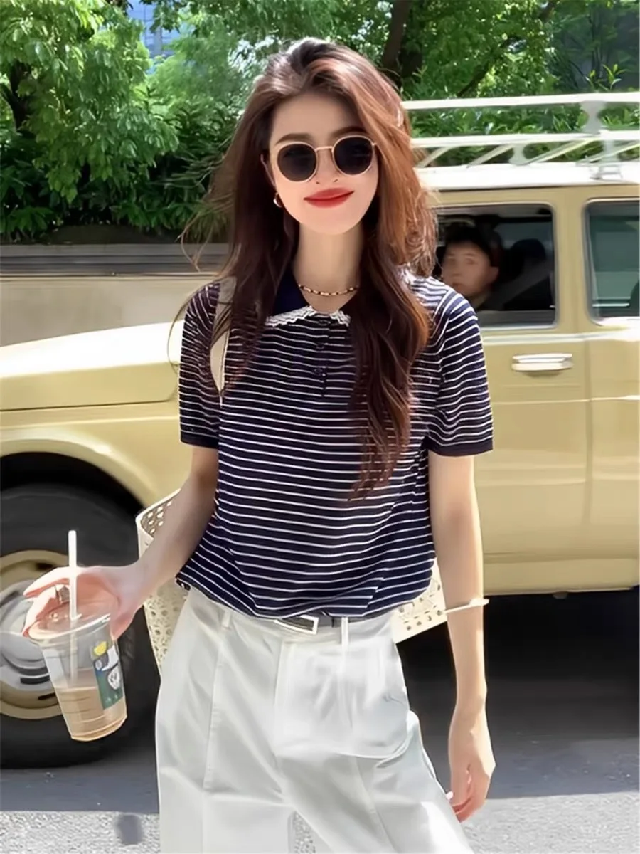 2025 verão listrado camisola de malha camisetas femininas rendas emendadas manga curta moda coreana solta senhoras malhas camisetas jumpers