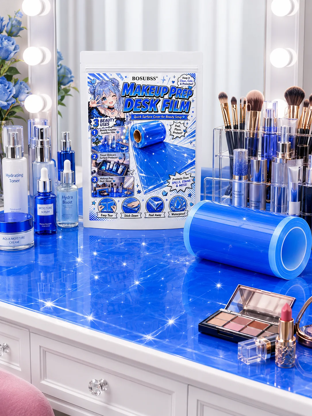 Beauty Surface Cover Film, Portable Makeup Counter Roll, Blue Desk Cover Film For Travel And Daily Beauty Routine