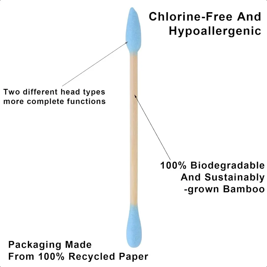 천연 대나무 면봉 친환경 생분해성 편안하고 부드러운 플라스틱 없는 이중 귀 청소 스틱