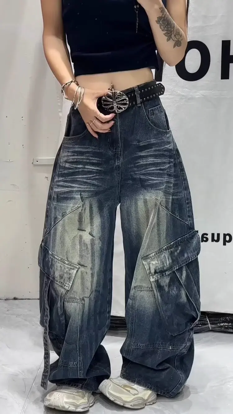 American Retro Deconstructed Design Multi-Pocket Wide Leg Women's Jeans Loose Fit Workwear Big Pocket Pants