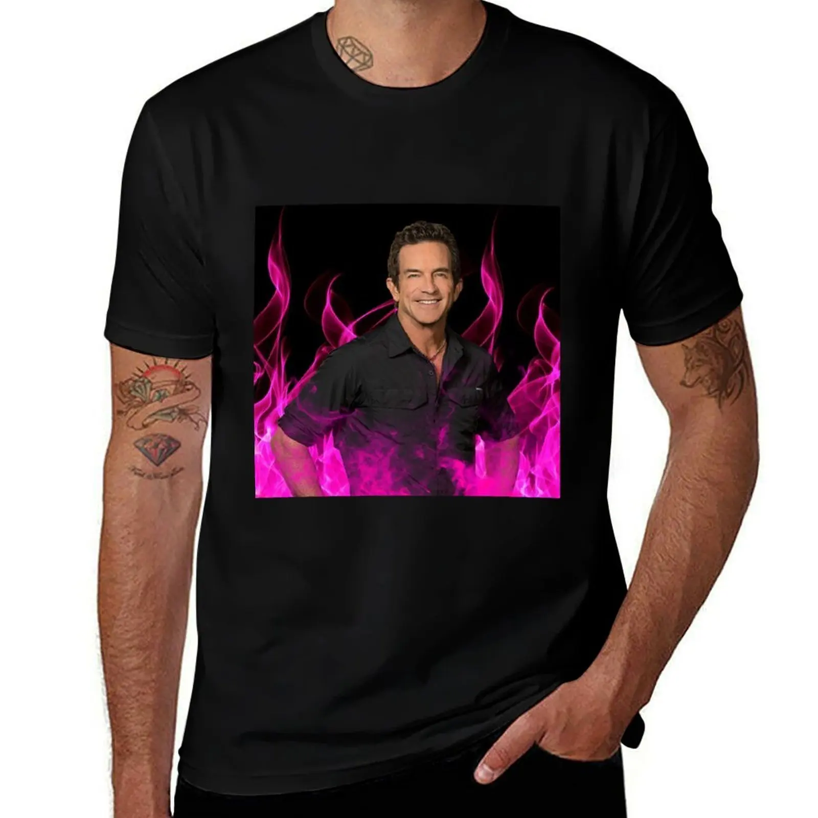 

Jeff Probst Survivor Pink Fire Tapestry T-Shirt quick drying plus size clothes graphic shirts sports fans t shirt for men