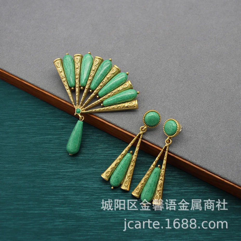 Medieval Jewelry Chinese Style Fan Earrings Brooch Suit Green Dry Blue Stone Earrings New Chinoiserie Brooch