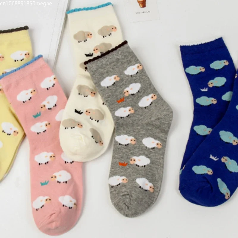 Korean Cartoon Sheep Print Cute Women Socks Japanese Style Kawaii High Long Socks Casual Harajuku Streetwear Cotton Crew Socks