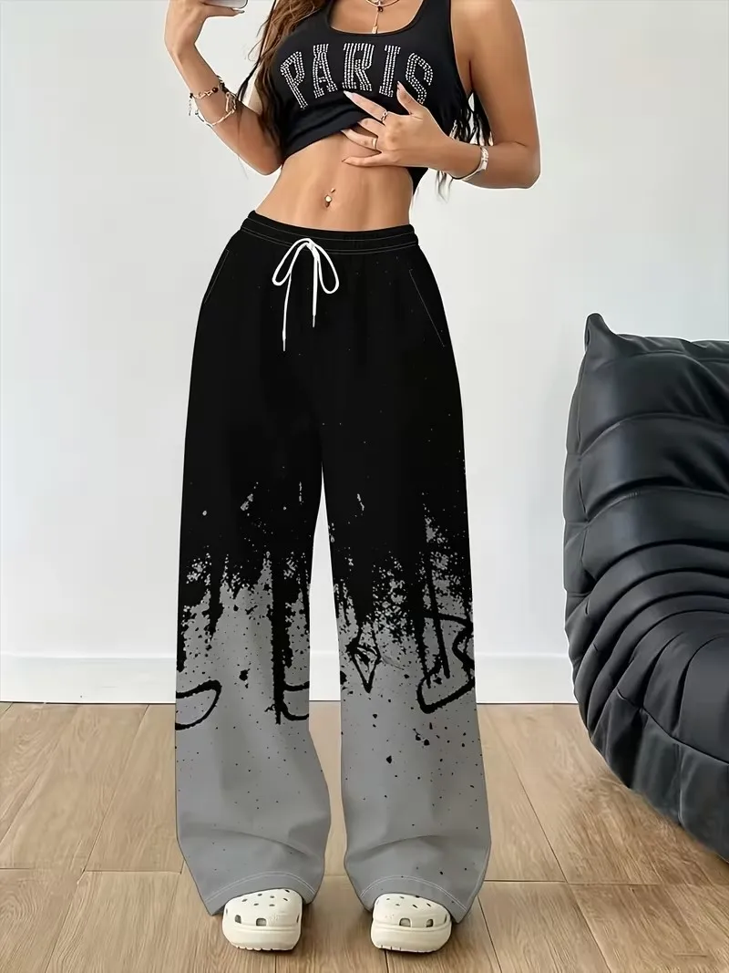 Ladies' fashion pants street style powder splashed ink graffiti print wide leg pants casual loose drawstring pocket sports pants