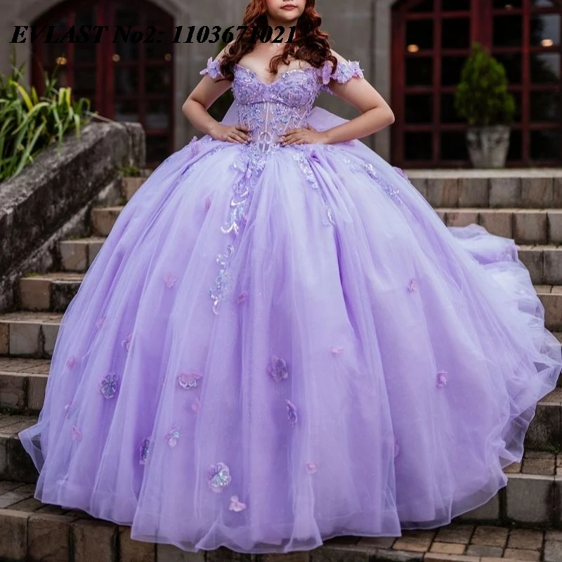 

EVLAST блестящее лавандовое платье Quinceanera по индивидуальному заказу, бальное платье с блестящей кружевной аппликацией и бантом из бисера, Sweet 16, Vestidos 15 Anos E2QA173