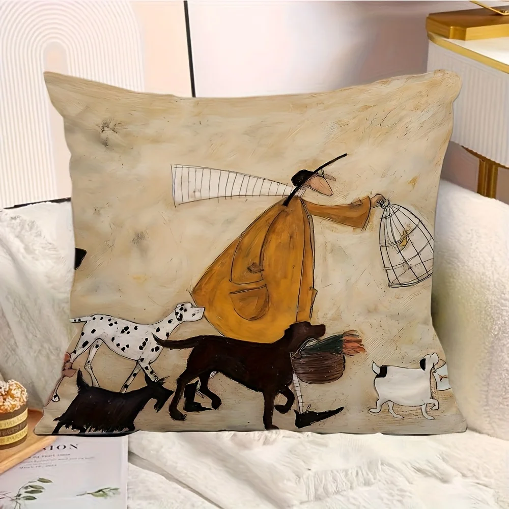 Double Sided Artistic Street Scene Pillow Cover Vintage Man with Dogs Birds Print Soft Throw Pillow Case for Home Decor Gift