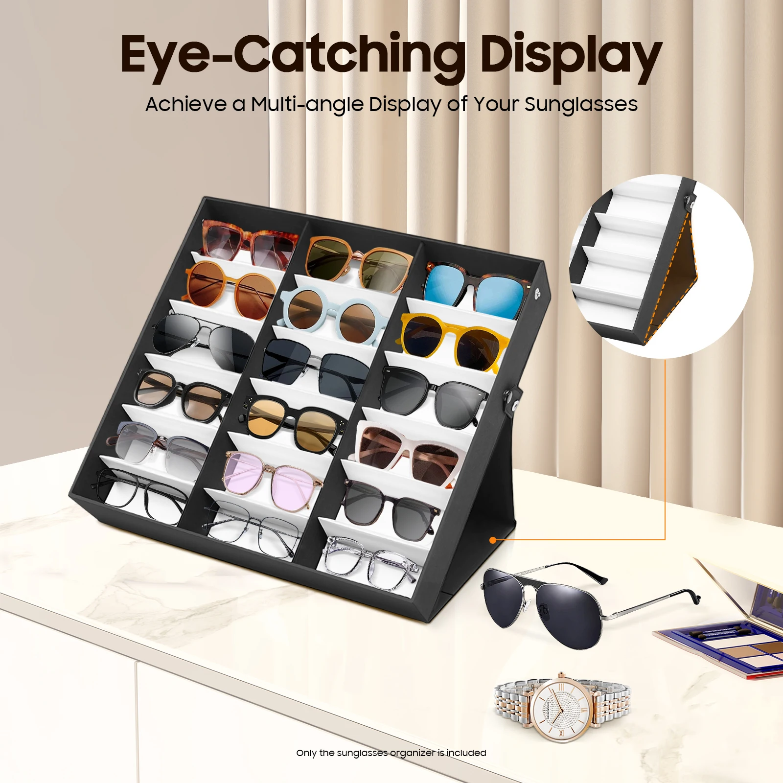 18 Slots Sunglasses Organizer Case Holder Display Storage Box for Watches Eyeglasses Glasses Stand Rack with Lid Portable Travel Home Store Countertop Display Holder Black, White / Black