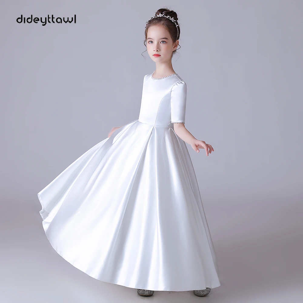 Dideyttawl White Soft Satin Pearls Elegant Girl First Communion Dress Concert Wedding Party Short Sleeves Junior Bridesmaid Gown keith jarrett budapest concert 2 cd