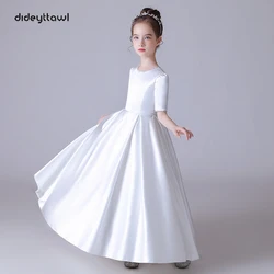 Dideyttawl-vestido de primera comunión para niña, Vestido de manga corta con perlas de satén blanco suave, vestido de dama de honor Junior para fiesta de bodas y conciertos