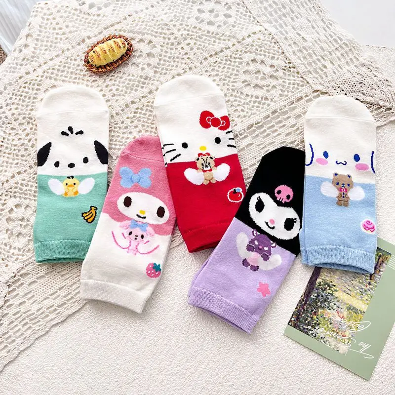 

5 Pairs Adult Sanrio Hello Kitty Socks Cartoon Anime Kawaii Girls Stitch Cotton Socks Short Women's Warm Sock Gifts Average Size