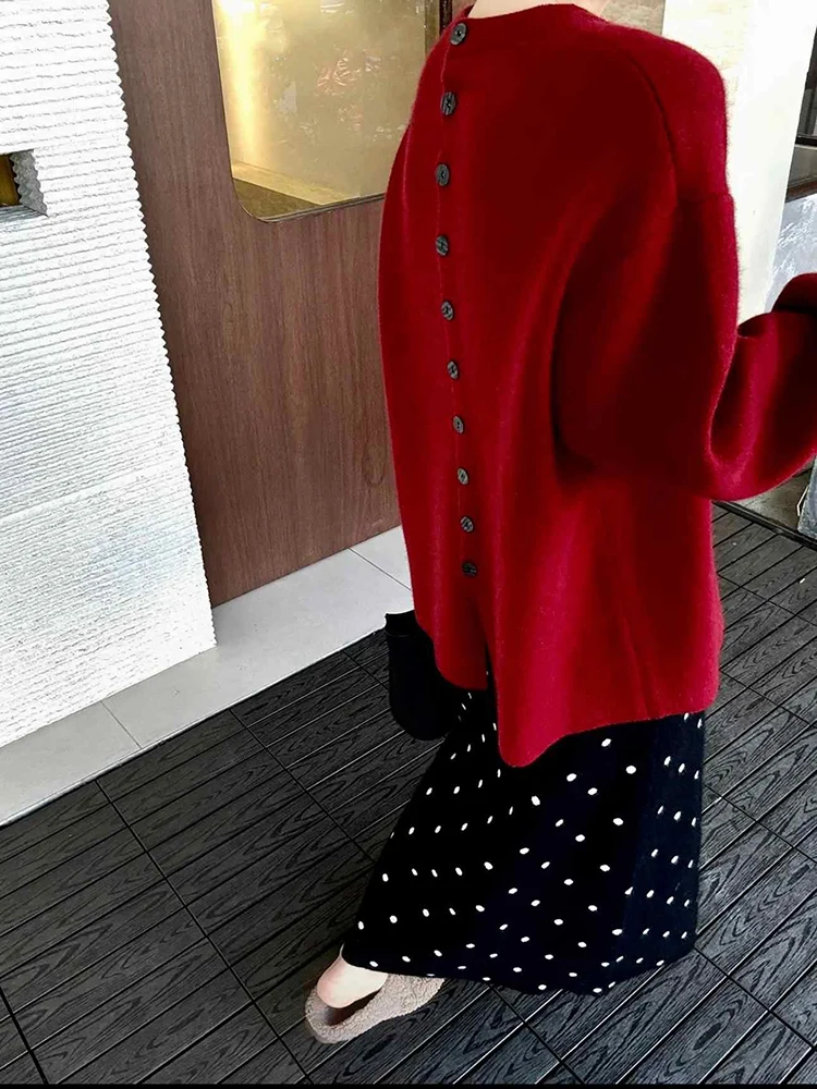 

Vintage Red Sweater Coats Women Spring/Autumn New O-Neck Lantern Sleeves Back Buttons Knitted Pullovers Fashion Niche Tops