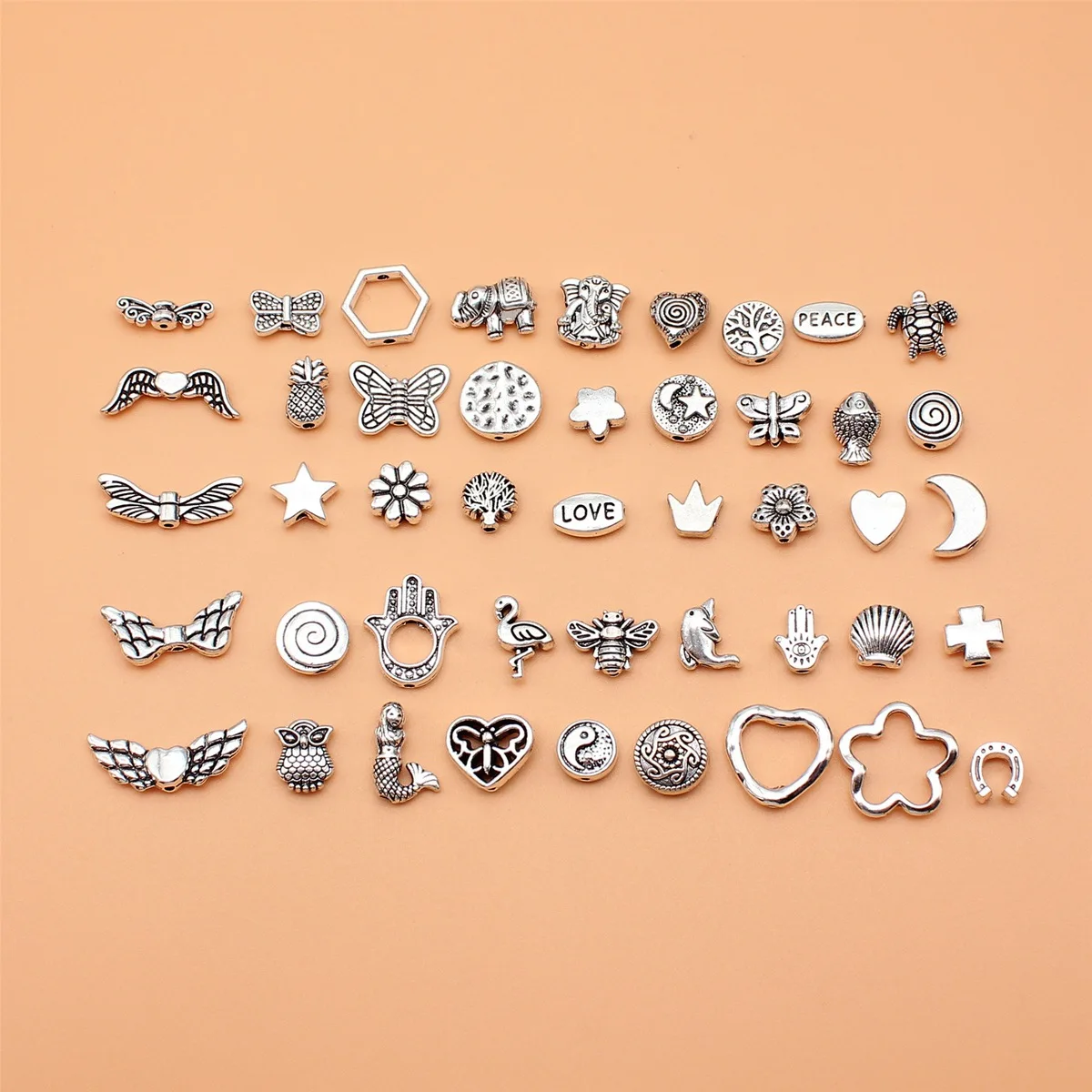 45pcs Antique Silver Color Small Hole Beads Charms Collection For DIY Jewelry Making, 45 Styles, 1 of Each