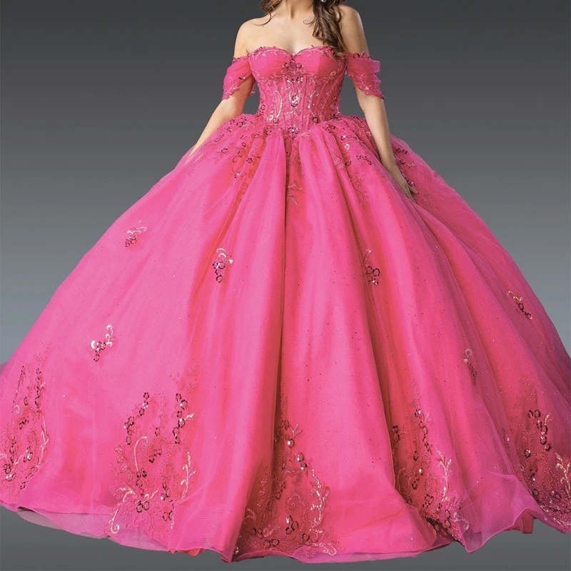 Rose Red Sparkling Quinceanera Dresses Ball Gown Sequined Applique Beading Tull Party Birthday Sweet 16 Dress Vestido De 15