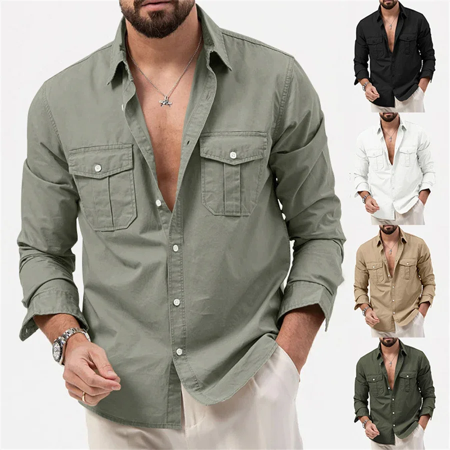 

Shirts for Men Pockets Long Sleeve Men's Clothing 2024 Trend Loose Casual Chemise Spring Lapel Tops