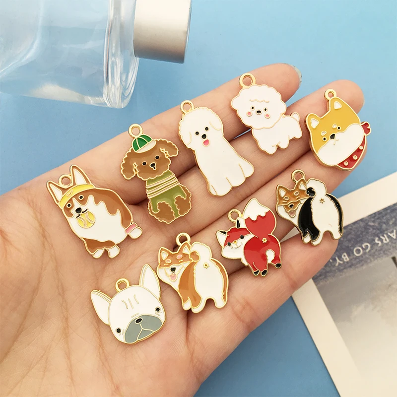 10pcs/Lot Cute Delicate Dog Corgi Enamel Charm Mix26pcs Animal Pendant Necklaces Earrings DIY Jewelry Making Craft Accessories