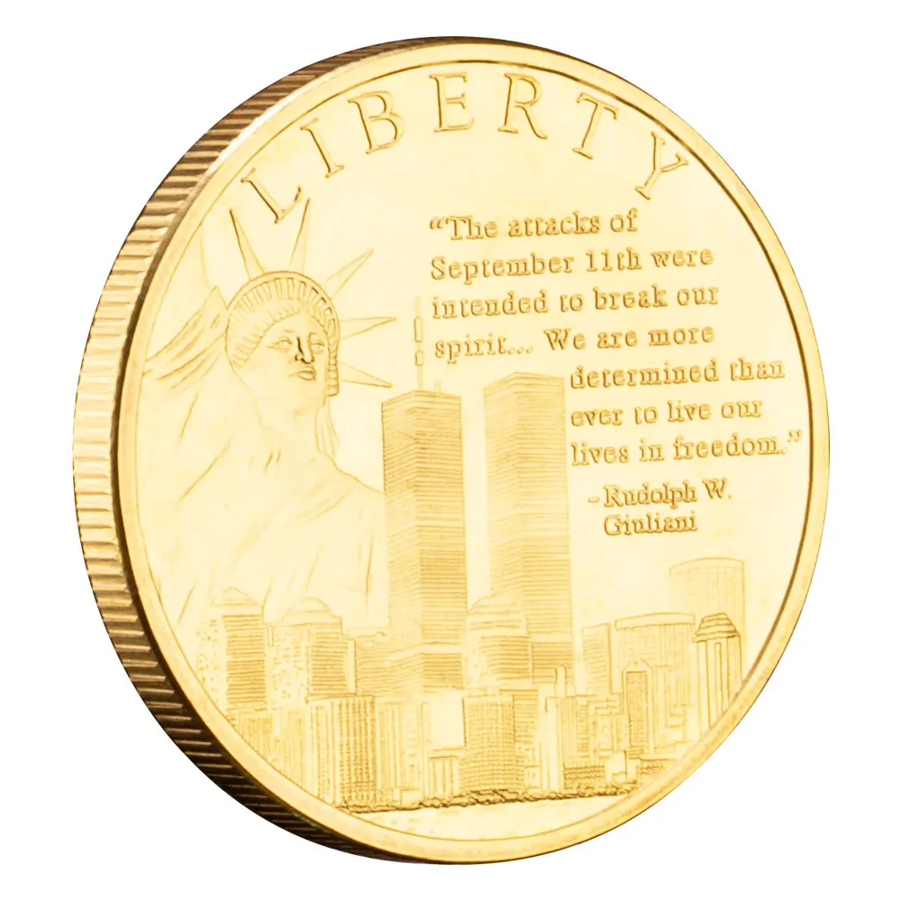 Moneda de desafío chapada en oro, regalo coleccionable del centro comercial mundial, aniversario del ataque Terroist 9/11, siempre recuerdo