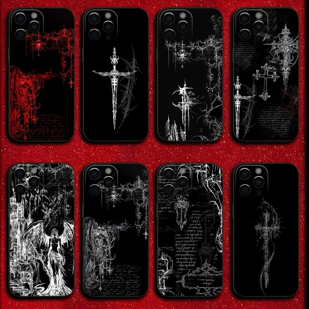 Gothic Cyber Sigil Cross Phone Case For iPhone 16,15,14,13,12,11,Pro,X,XS,Max,XR,Plus,Mini Soft Black Cover