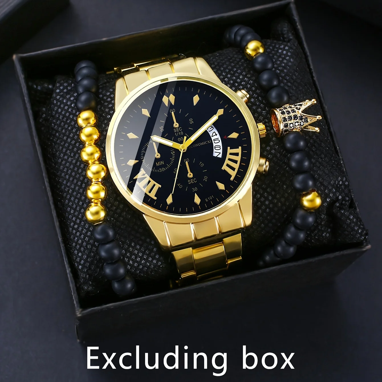 Montre à quartz avec calendrier analogique pour homme, bracelet en acier, bracelets couronne, mode d'affaires, ensemble de 1 à 3 pièces