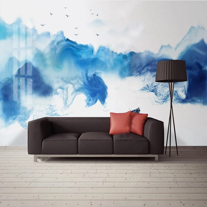 Chinese Style Blue Smoke Ink Landscape Mural 3D Wallpapers For Living Room TV Sofa Background Wall Cloth Decor Papel De Parede