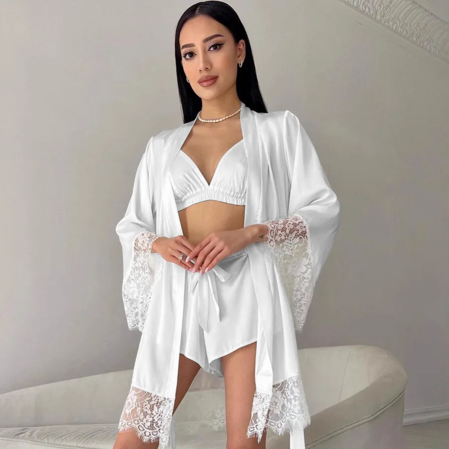 

Women Three Piece Pajama Sets Solid Bra V Neck Long Cardigan Lace Spliced Lace Up Shorts Suit Thin Lounge Solid Elegant Summer