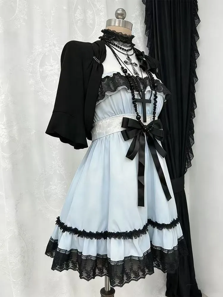 Gothic Punk Fashion Cute 2 Piece Set Women Lolita Bow Design Blue Dress + Black Cardigan Harajuku Vintage Casual Outfits Summer view 4