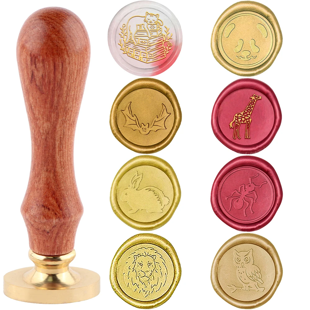 

2 pack Animal Series Designs Giraffe Panda Round Brass Wax Seal Stamp Head with Wooden Handle for Wedding Decorative Invitation