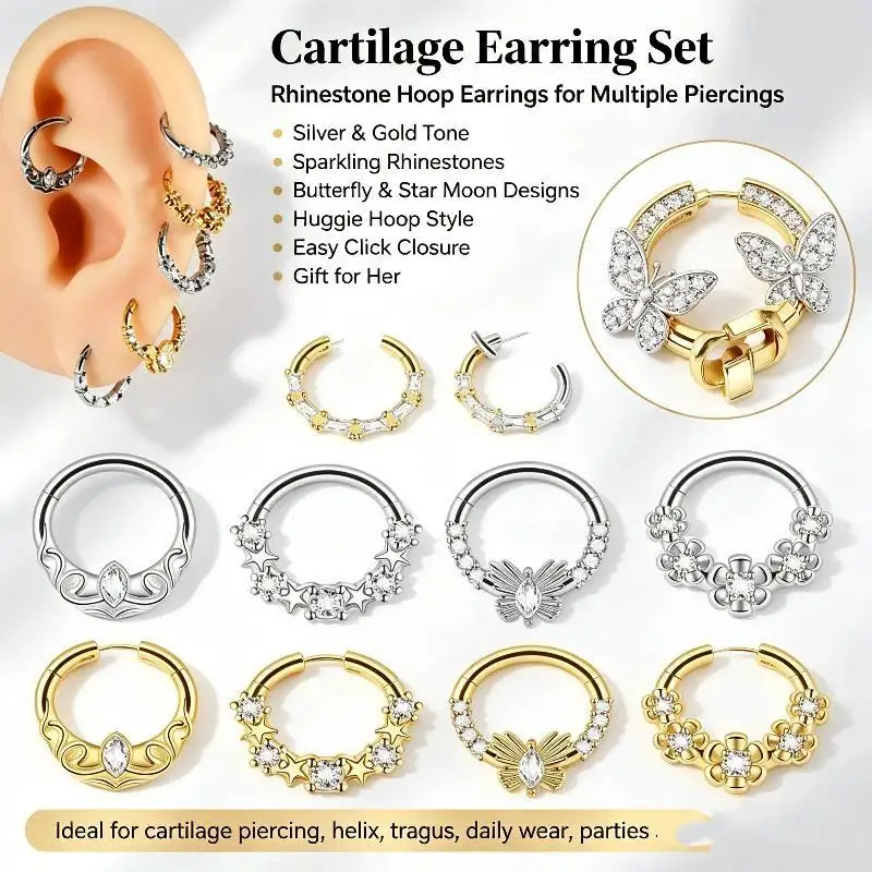 1PCS Hexagram Hinged Septum Clicker Nose Ring Various Zircon Cartilage Hoop Daith Helix Earring Piercing Jewelry