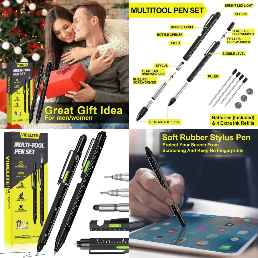 

Набор многофункциональных ручек VIBELITE 11 в 1, со светодиодным стилусом, отвертка со встроенным уровнем, компактный гаджет с плоской головкой для повседневного ношения, идеально подходит