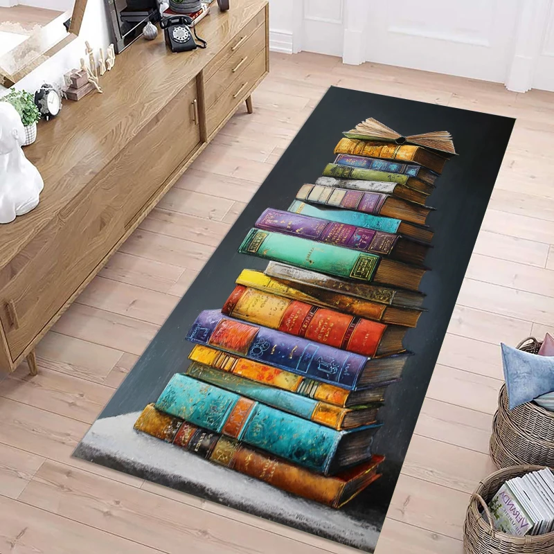 Retro Oil Painting Book Stack Long Runner Rug Soft Non-Slip Carpet for Laundry Room Kitchen Living Room Bedroom Study Decor