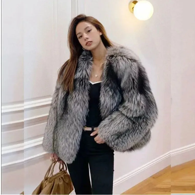 Fall/Winter 2023 New Silver Fox Fur Jacket Women Short Overcoat Loose Short Luxury Thick Warm Parker Coat Casual Mao Mao Clothes