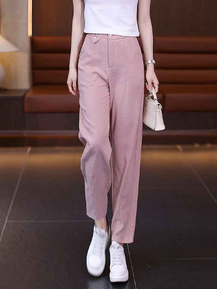 

Pink Ice Silk Harem Pants Women's Summer Thin New Small Size High Waist Loose Slimming Casual Nine Point Pants